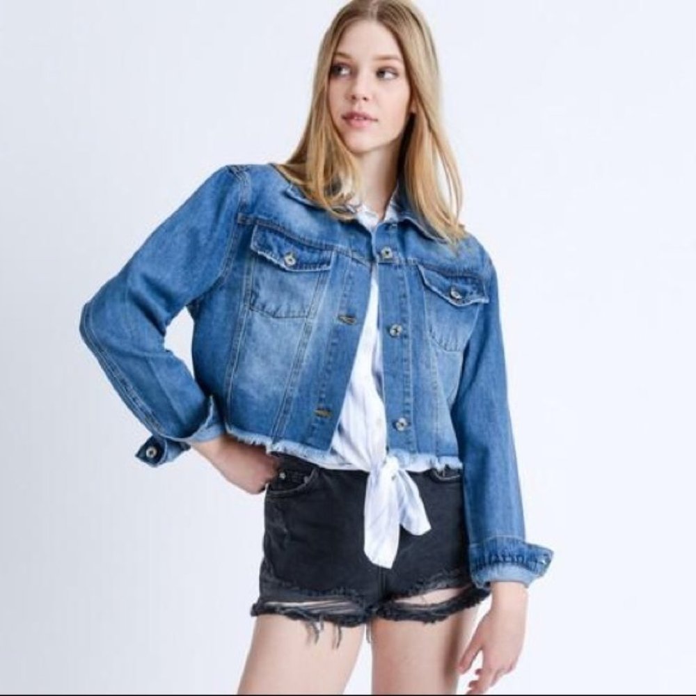 Love Tree Cropped Distressed Denim Jacket - Large